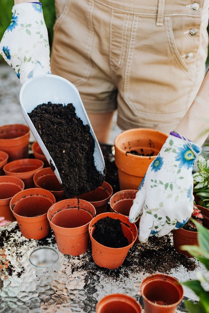 services-03 Close-up of soil being placed in clay pots with floral gloves, ideal for gardening themes.